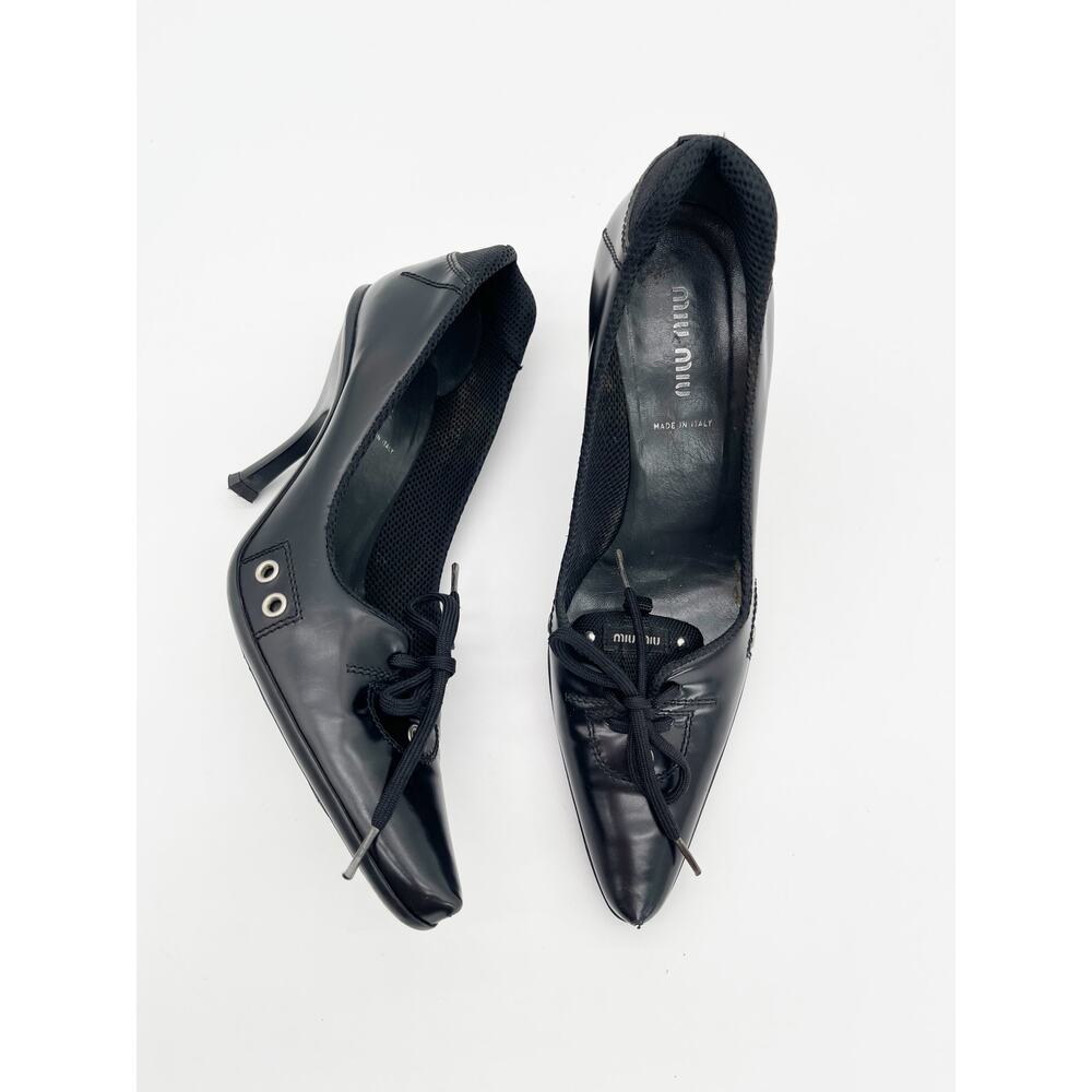 Miu Miu Vintage Late 90s Black Leather Bubble Sole Lace Up Sporty Heels IT 39